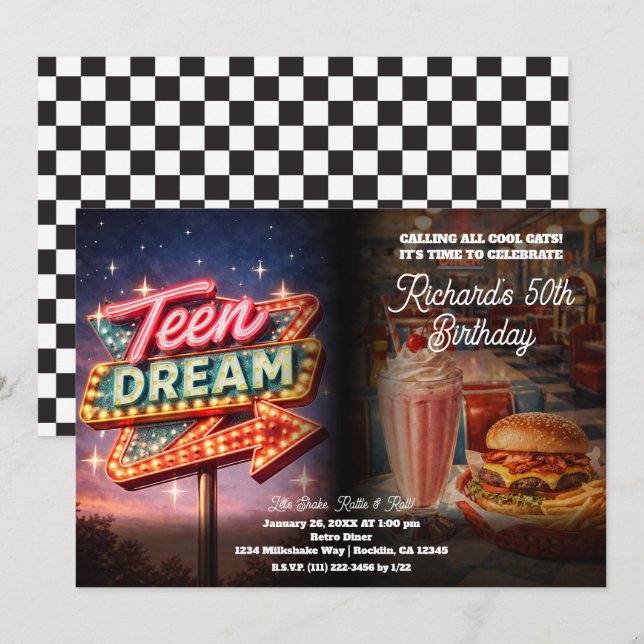 Convites Teen Dream Retro 50's Style Diner Birthday Party (Frente/Verso)