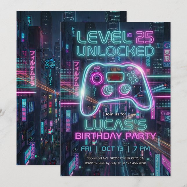 Convites Teen Gamer Birthday Invitation Cyberpunk Game  (Frente/Verso)