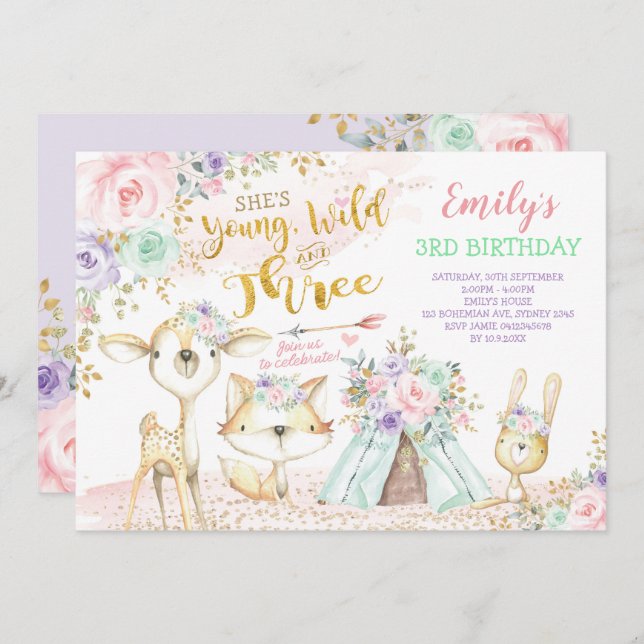 Convites Teepee aniversário de 3 anos (Frente/Verso)