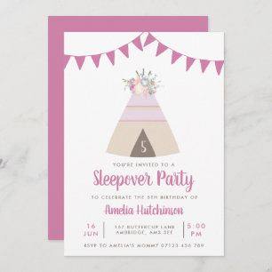 Convites Teepee Slumber Party Girls Purple Floral Birthday