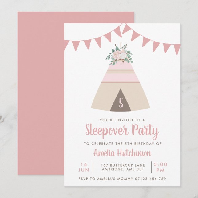 Convites Teepee Slumber Party Girls Rosa Floral Aniversário (Frente/Verso)