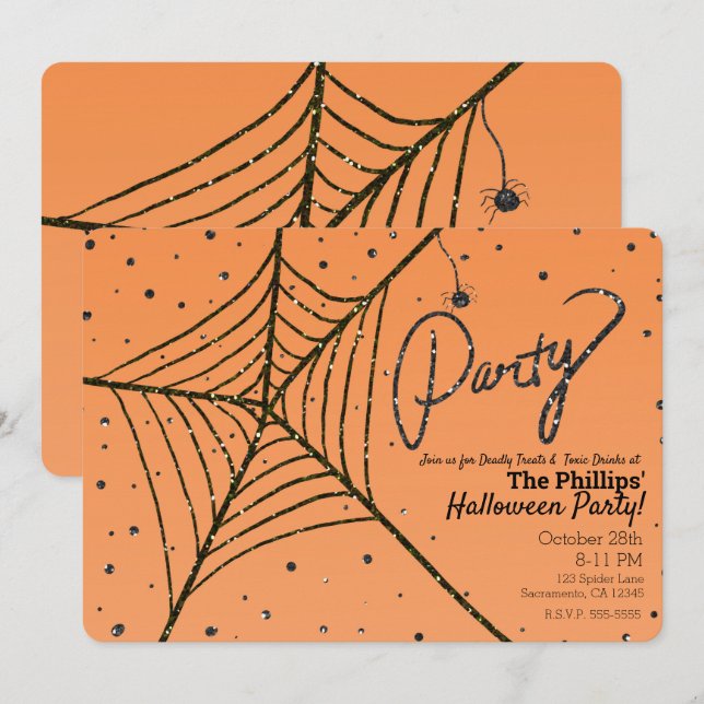 Convites Teia de Aranha com Purpurina Laranja e Preta Festa (Frente/Verso)