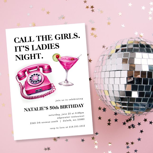 Convites Telefone Rotativo Rosa Quente Chame as Meninas Ani (Hot Pink Rotary Phone Call the Girls Birthday Invitation)