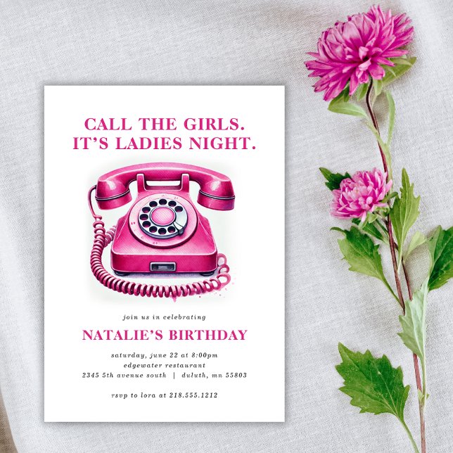 Convites Telefone Rotativo Rosa Quente Chame as Meninas Ani (Get the girls together with our Hot Pink Rotary Phone Birthday Invitation! Perfect for ladies' night)