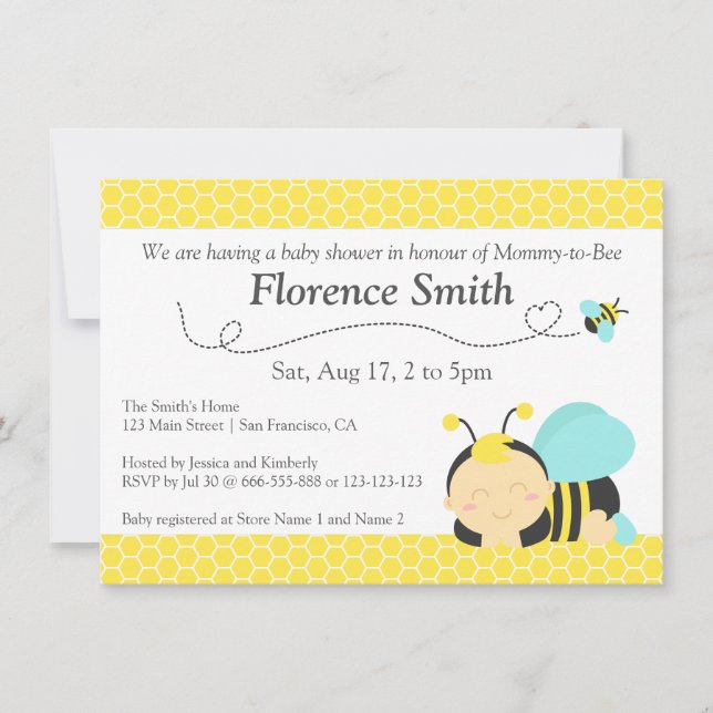 Convites Tema Abelha Bumble Fofa, Chá de Bebê Menino (Frente)