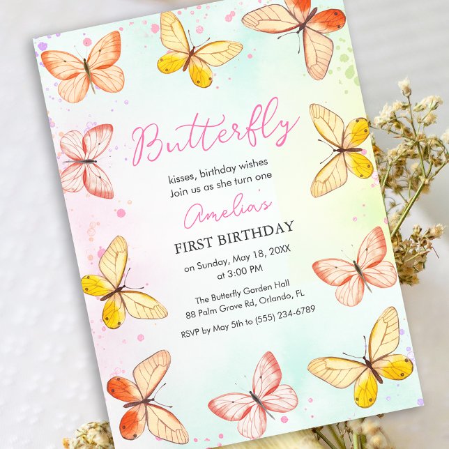 Convites Tema Borboleta Menina 1º Aniversário Aquarela Rosa (Butterfly Girl 1st Birthday Watercolor Invitation)
