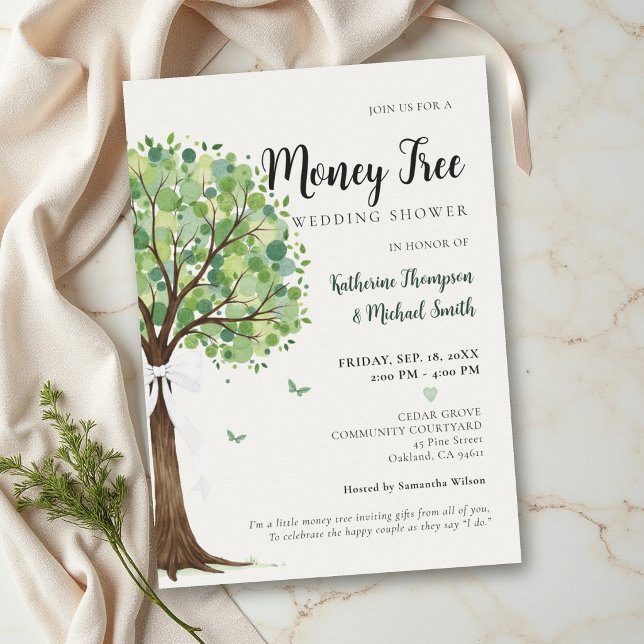 Convites Tema da Árvore do Dinheiro Chá de Noiva Clássico e (money tree wedding couple shower classy modern elegant watercolor bow butterflies)