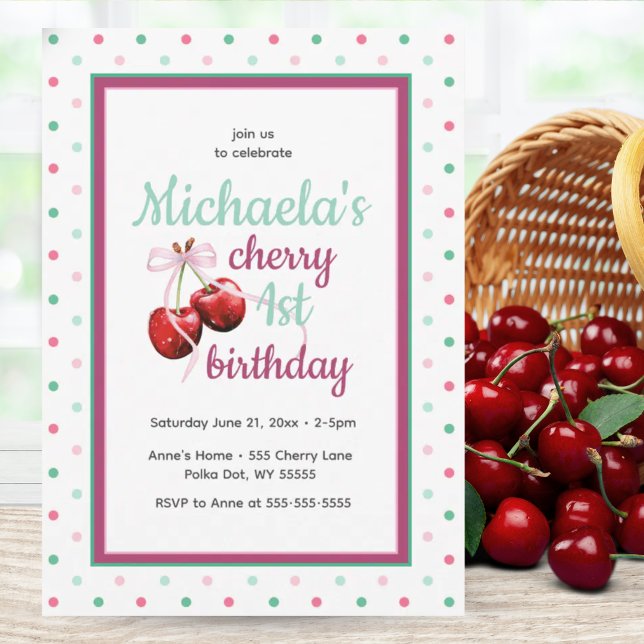 Convites Tema da Bolinhas de aniversário da Cherry First Bi (Cherry First Birthday Polka Dot Theme Invitation)