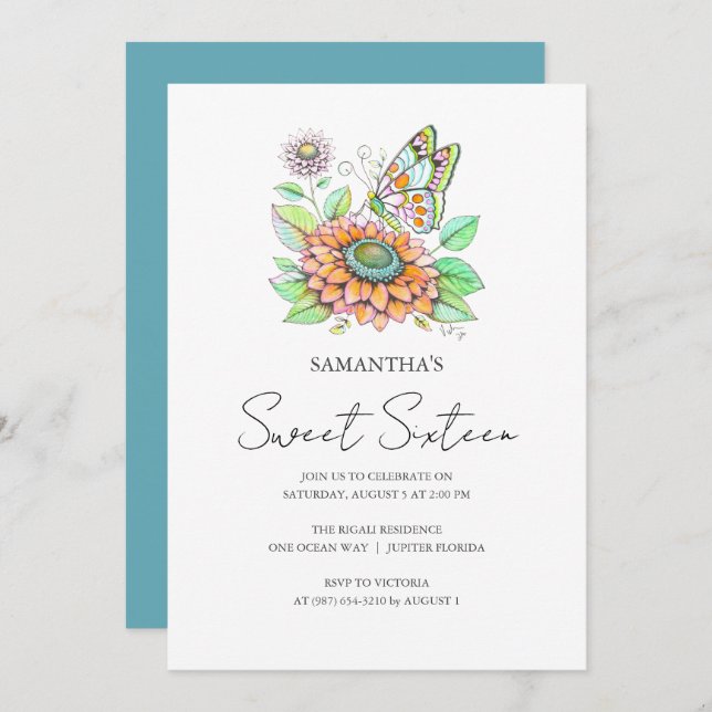 Convites Tema da borboleta de Festa de aniversário Doce 16 (Frente/Verso)