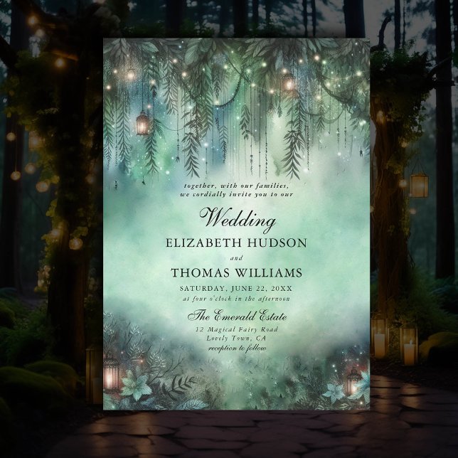 Convites Tema da Floresta Encantada de Casamento de Fairyta (dark fairytale wedding invitation enchanted forest theme emerald green magic fairy lights greenery)