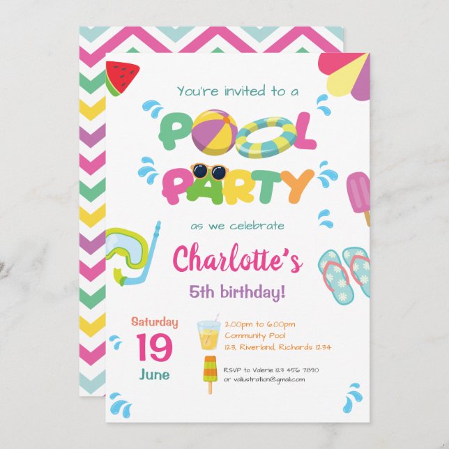 Convites Tema da Parte piscina (Frente/Verso)