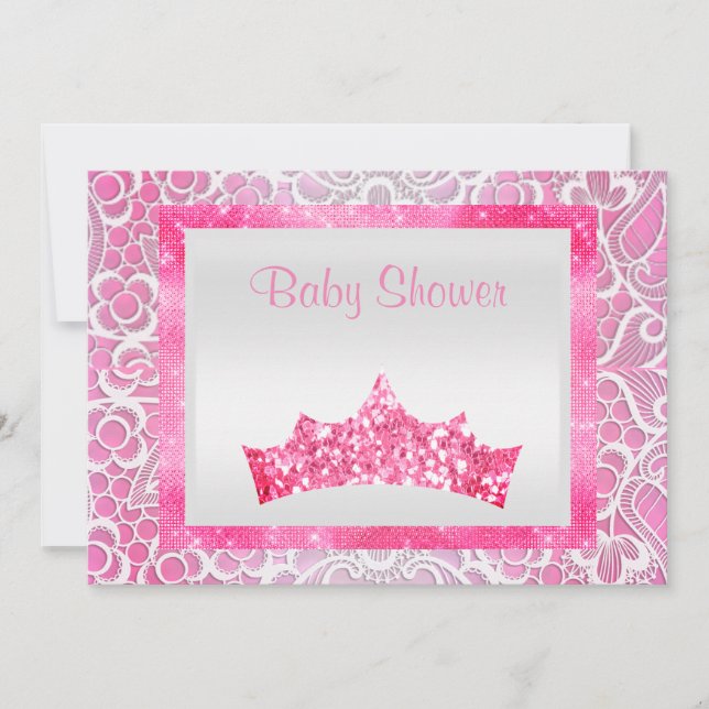 Convites tema da princesa rosa lace tiara bright chá de fra (Frente)