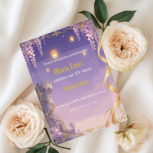 Convites Tema da Rapunzel Quinceañera Roxo Dourado Princesa