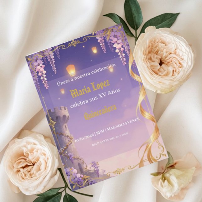 Convites Tema da Rapunzel Quinceañera Roxo Dourado Princesa (Criador carregado)