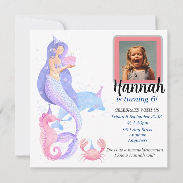 Convites Tema da Sereia da Rapariga de Aniversário (Frente)