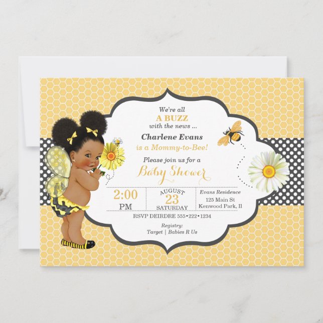 Convites Tema de Abelha Amarelo Dourado Ponto Bebê Menina P (Frente)
