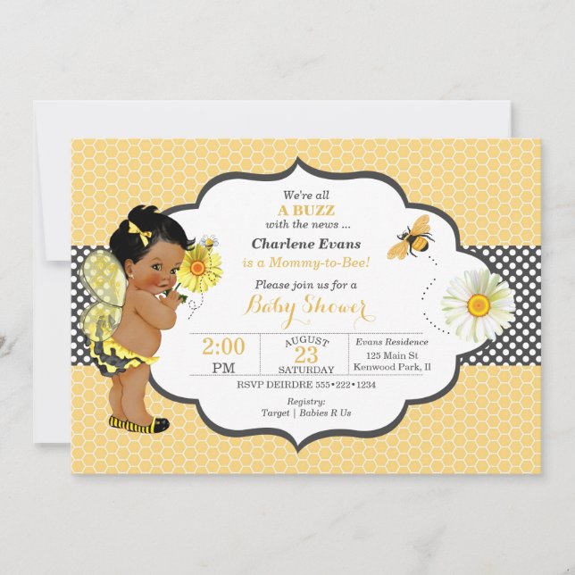 Convites Tema de Abelha Menina Bebê Amarelo Dourado Ponto  (Frente)