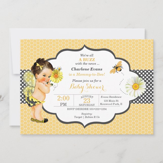 Convites Tema de Abelha Menina Bebê Amarelo Dourado Ponto  (Frente)