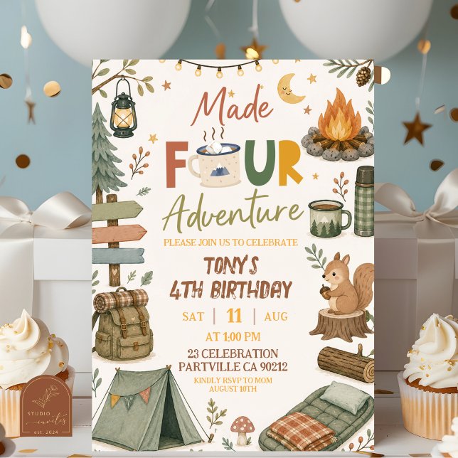 Convites Tema de Acampamento Feito QUATRO Aniversário de Av (Criador carregado)