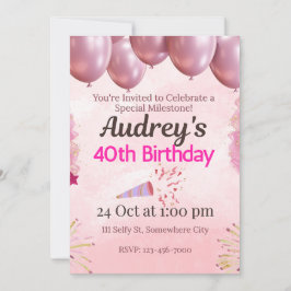 Convites Tema de Aniversário de 40 anos Rosa