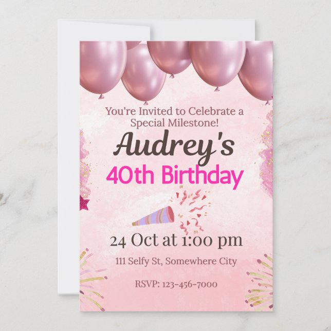 Convites Tema de Aniversário de 40 anos Rosa (Frente)