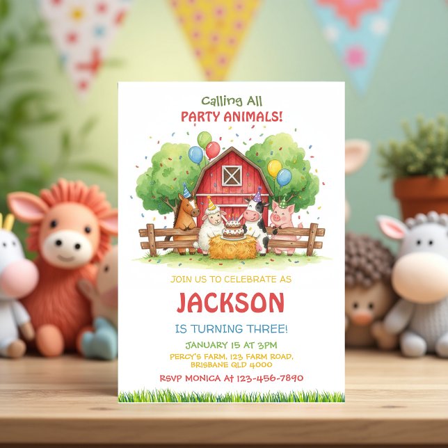 Convites Tema de Aniversário de Animais da Fazenda - Festa  (Farm Animal Birthday Invitation – Barnyard Party Invite for Kids, Farm Theme Birthday)