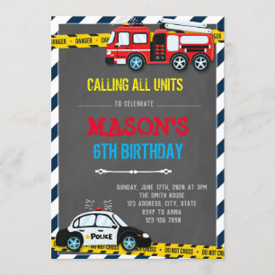 Convites Tema de aniversário de caminhão e polícia Convi