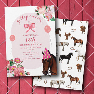 Convites Tema de Aniversário de Cavalo Rosa Floral Menina V