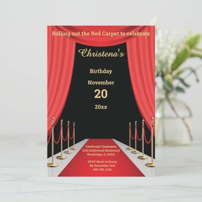Convites Tema de Aniversário de Filme do Tapete Vermelho (Em pé/Frente)