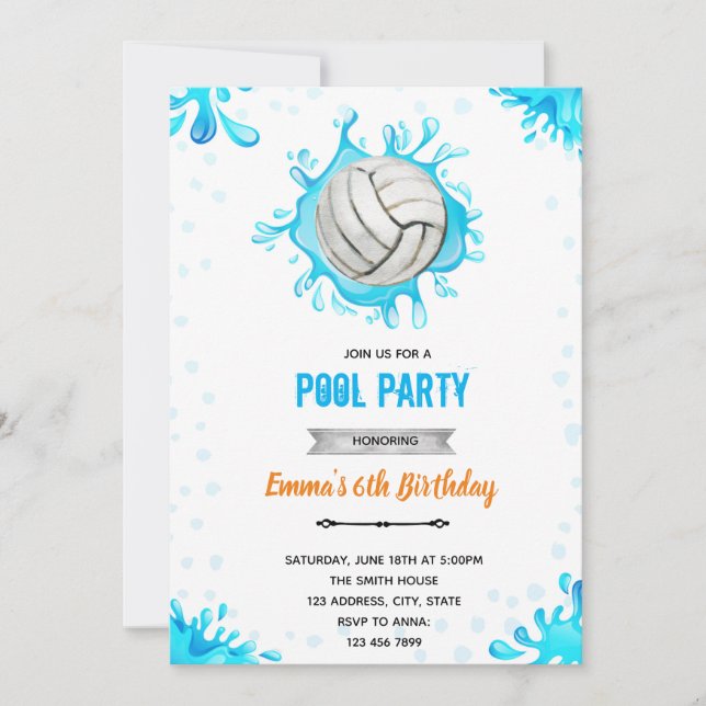 Convites tema de aniversário de piscina de vôlei (Frente)