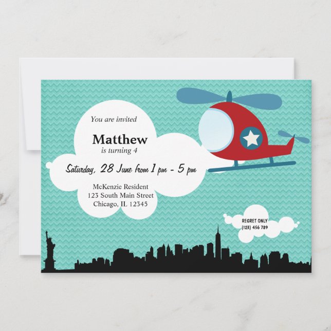 Convites Tema de aniversário do helicóptero (Azul) (Frente)