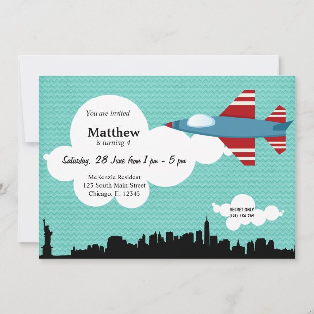 Convites Tema de Aniversário do Plano Jet (Azul) (Frente)