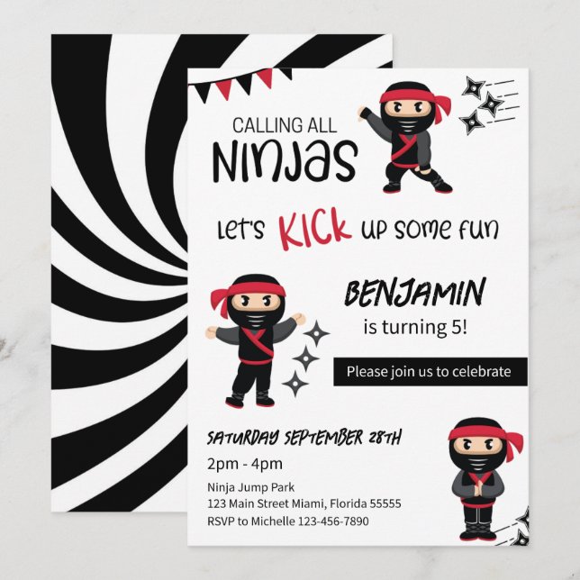 Convites Tema de Aniversário Ninja Artes Marciais Guerreiro (Frente/Verso)