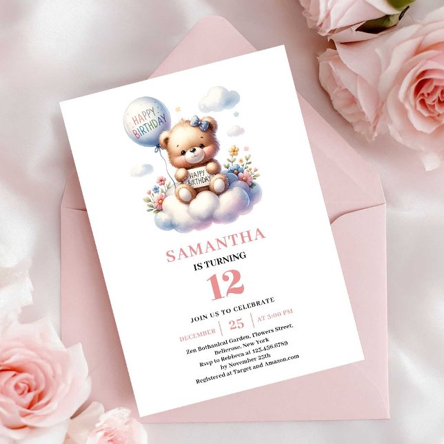 Convites Tema de balão de ursinho fofo para aniversário de  (Sweet teddy bear balloon theme girl birthday invitation

)