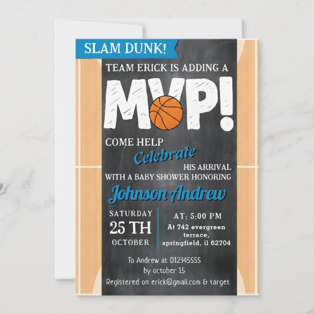 Convites Tema de Basquete Pessoal para Chá de Bebê Slam Dun (Frente)