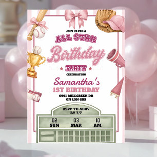 Convites Tema de beisebol rosa roxo para aniversário de All