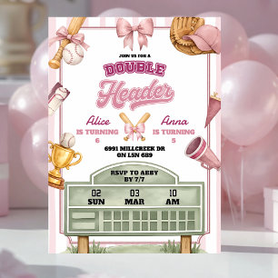 Convites Tema de beisebol rosa roxo para aniversário de dup