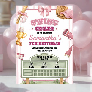 Convites Tema de beisebol rosa roxo Swing On Over Aniversár