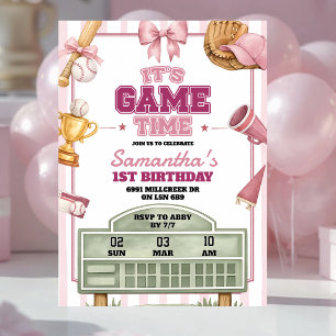 Convites Tema de beisebol rosa roxo tempo de jogo aniversár
