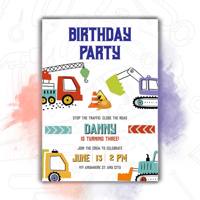 Convites Tema de Caminhões de Aniversário Digger para Menin (Criador carregado)