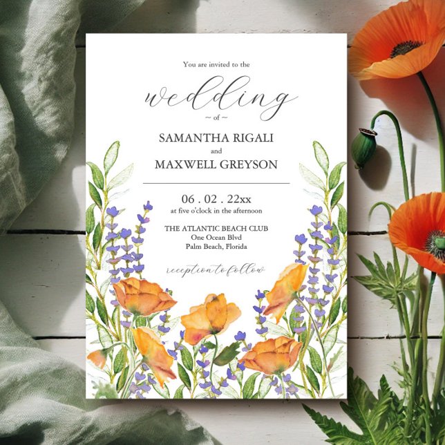 Convites Tema de Casamento com Flores Silvestres Aquarela F (Wildflower wedding invitations watercolor floral art in shades of orange and green)