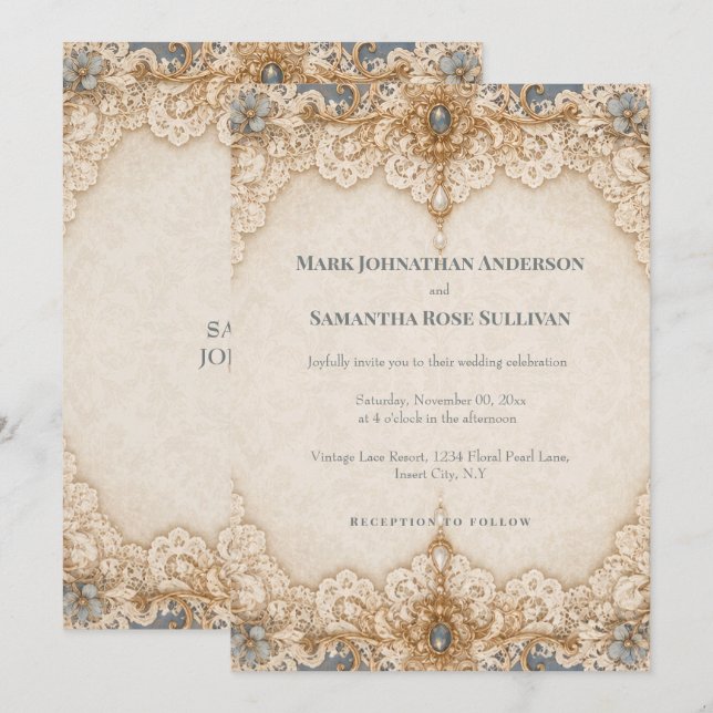 Convites Tema de casamento com renda country em taupe marfi (Frente/Verso)