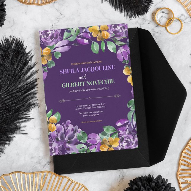 Convites Tema de Casamento das Flores Amarelas Roxas (Criador carregado)