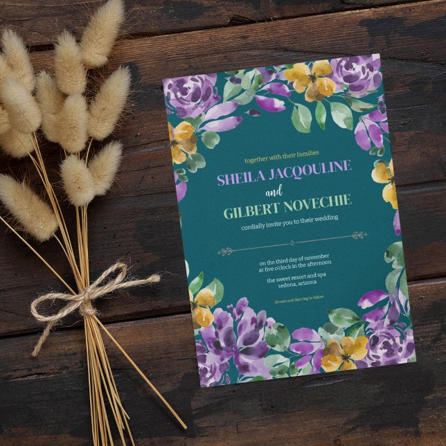 Convites Tema de Casamento das Flores Amarelas Roxas (Criador carregado)