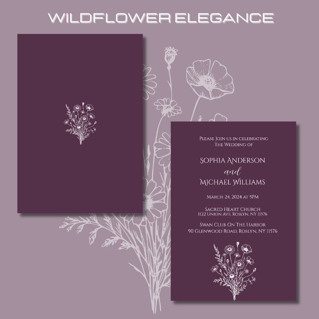 Convites Tema de Casamento de Flores Selvagens Roxo (Wildflower Elegance Wedding Invitations Purple-Rustic, Country, Bohemian)