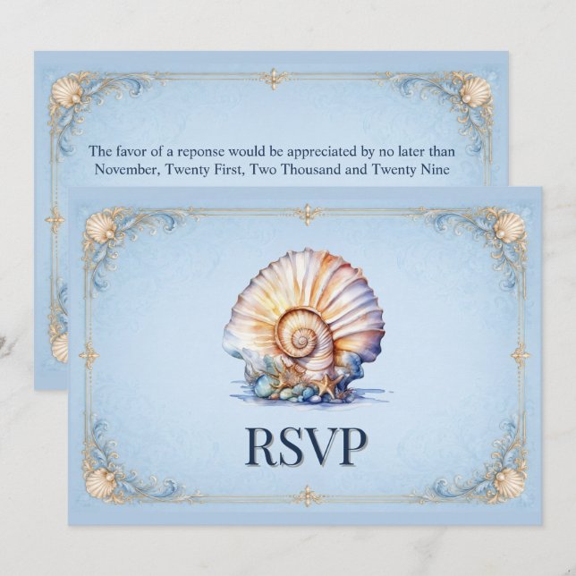 Convites Tema de casamento de luxo na praia com concha RSVP (Frente/Verso)