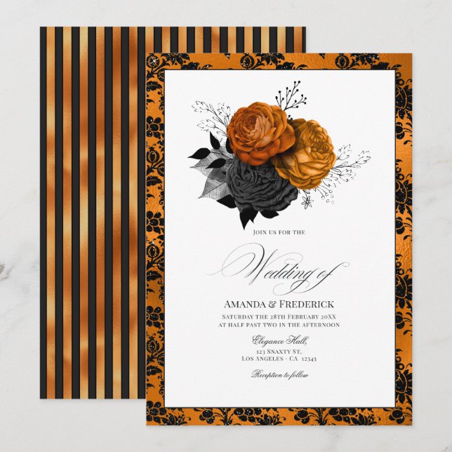 Convites Tema de Casamento Gótico Laranja e Preto Elegante (Frente/Verso)