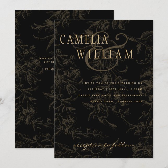 Convites Tema de Casamento Gravata Preta Dourado Damask Vin (Frente/Verso)
