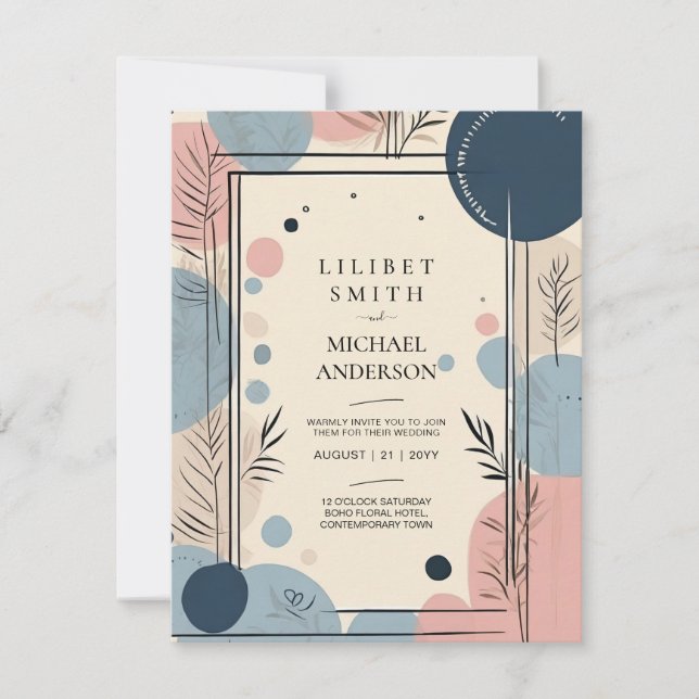 Convites Tema de Casamento Japandi Escandinavo Azul (Frente)