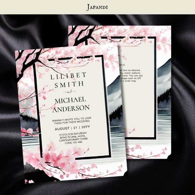 Convites Tema de Casamento Japandi Escandinavo Negro Rosa (Criador carregado)
